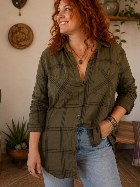 Tops - 4/$15 Olive Green Plaid Button-Up Shirt Fisherman Top Women's Sz 8 Boho Casual